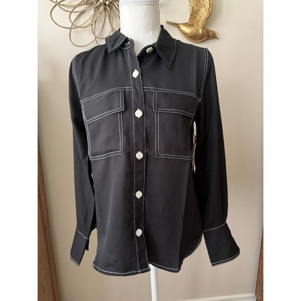 Vinceâ Camuto Black Contrast Stitch Button Blouse XXS NWT Casual Work Wear